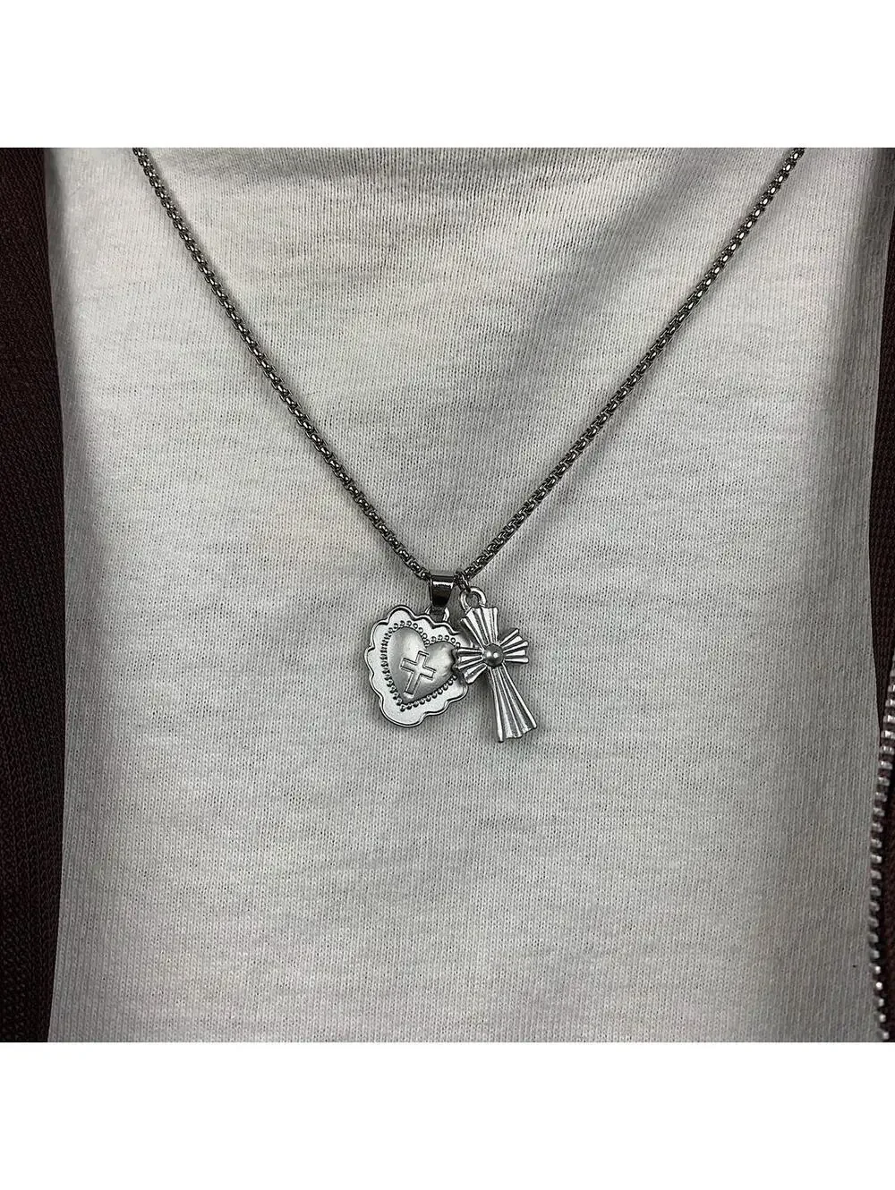 Y2k grunge style Silver stainless steel gothic cross and heart shaped pendant